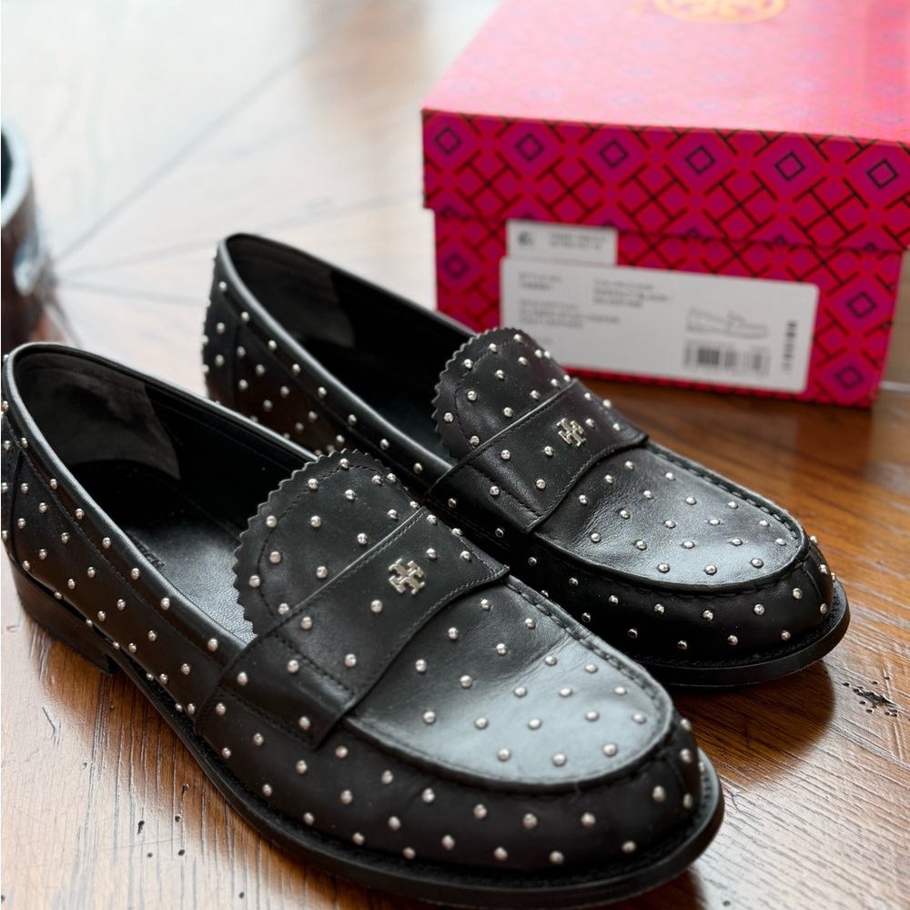 Tory Burch Black Studded Calf Leather Loafer 9.5